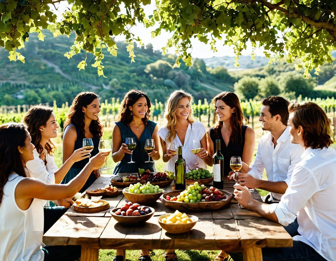 A cozy outdoor setting with a rustic wooden table filled with various bottles of sustainable wines, alongside organic snacks and fresh fruits. Sunlight filters through lush green vines, casting playful shadows. A diverse group of friends in casual attire clinking their glasses in celebration, all surrounded by a scenic vineyard backdrop. The atmosphere should feel warm and inviting, epitomizing a happy hour. super-realistic. vibrant colors. soft focus.