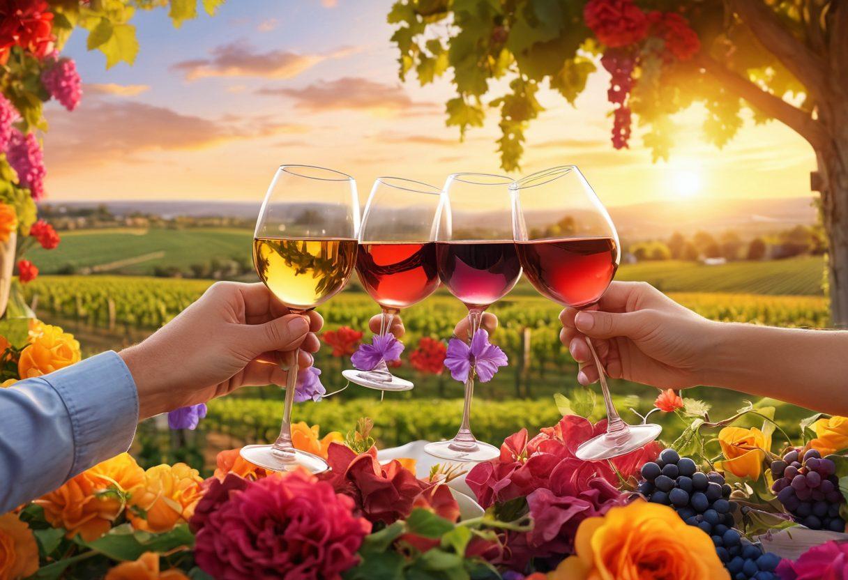 A cheerful gathering of friends clinking glasses filled with colorful wines, surrounded by vibrant flowers and festive decorations, capturing the essence of joy and celebration. The background features a sunset casting warm hues over a vineyard, emphasizing a sense of tranquility and happiness. super-realistic. vibrant colors. 3D.