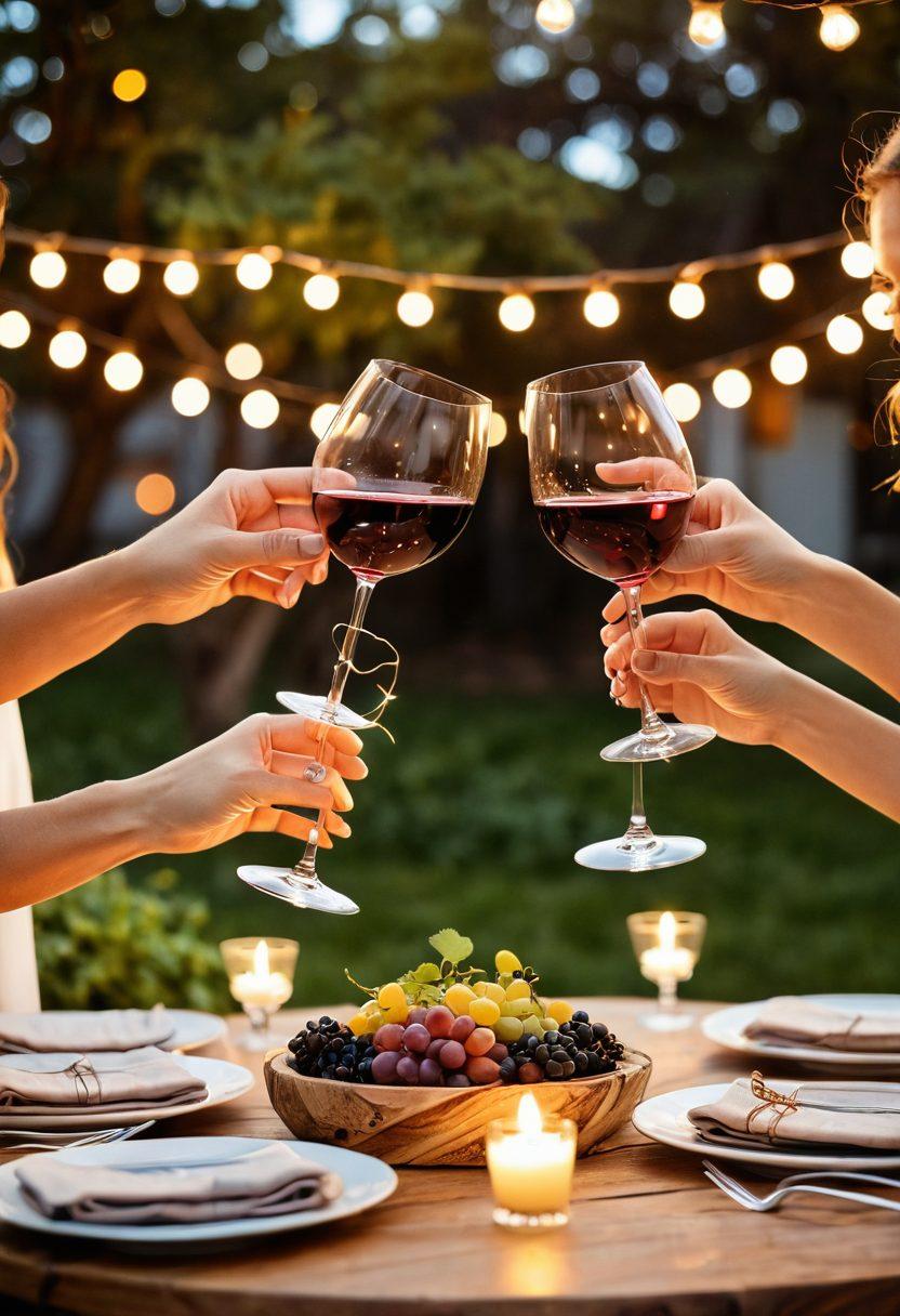A beautifully arranged table setting outdoors, featuring elegant wine glasses filled with vibrant wines, a backdrop of joyful friends toasting, soft fairy lights twinkling above, a delicious spread of gourmet appetizers, and a warm sunset glow enhancing the atmosphere. super-realistic. vibrant colors. warm lighting.